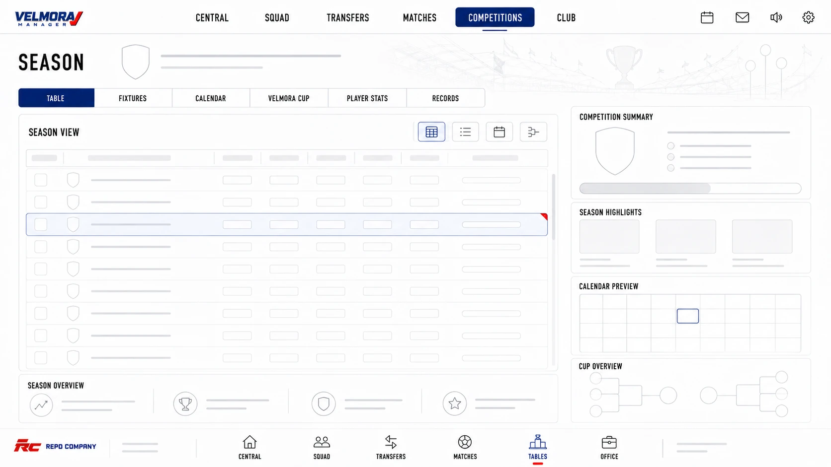 Velmora Manager competitions interface
